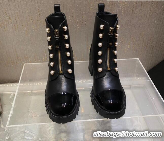 Best Grade Chanel Calfskin Ankle Boots with Pearls and Zip Black 819075