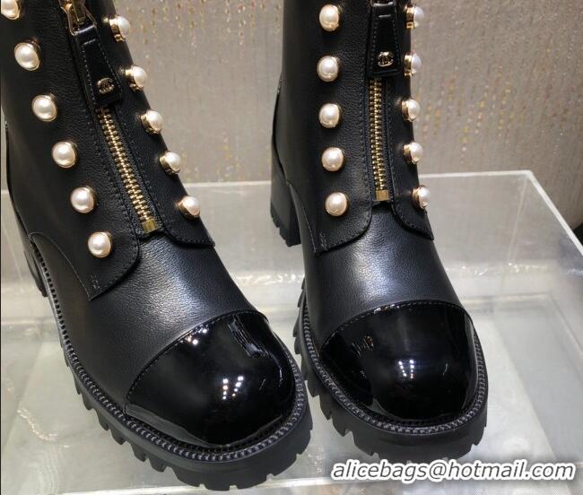 Best Grade Chanel Calfskin Ankle Boots with Pearls and Zip Black 819075