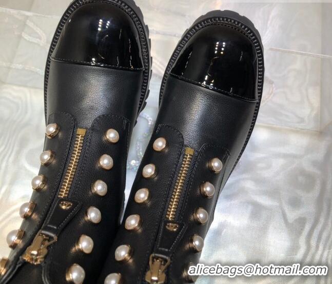 Best Grade Chanel Calfskin Ankle Boots with Pearls and Zip Black 819075