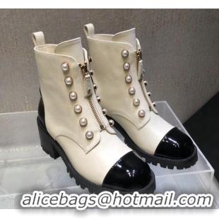 Best Product Chanel Calfskin Ankle Boots with Pearls and Zip White 819076