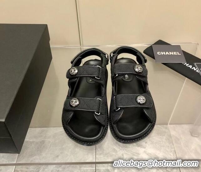 Luxury Chanel Mesh Strap Flat Sandals G35927 Black 382302