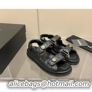 Top Grade Chanel Grainy Calfskin Strap Flat Sandals G35927 Black 382301