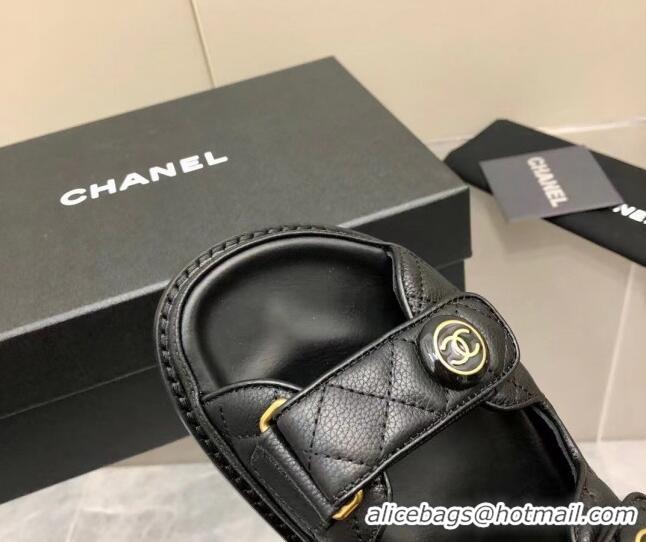 Top Grade Chanel Grainy Calfskin Strap Flat Sandals G35927 Black 382301