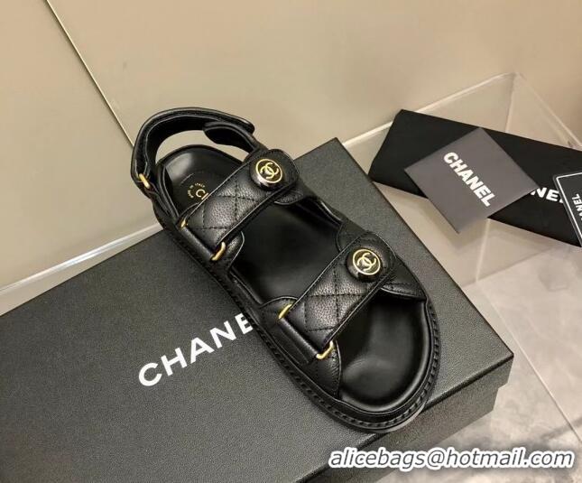 Top Grade Chanel Grainy Calfskin Strap Flat Sandals G35927 Black 382301