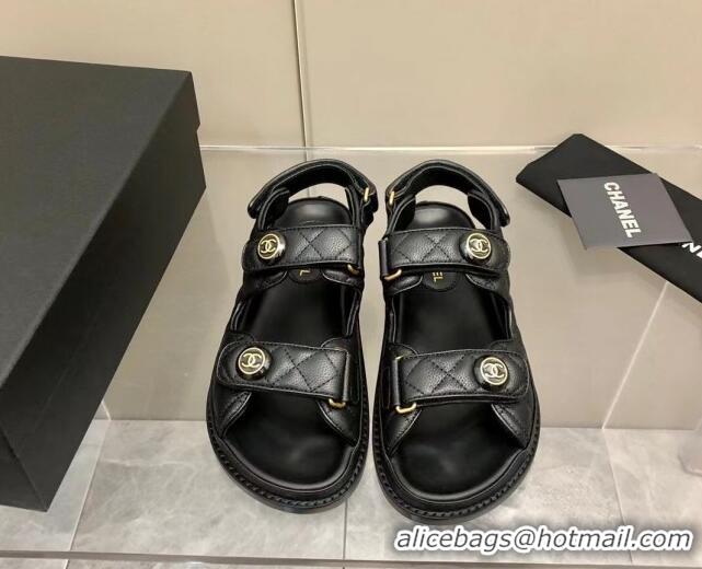 Top Grade Chanel Grainy Calfskin Strap Flat Sandals G35927 Black 382301