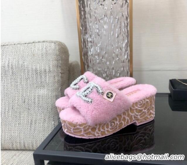 Durable Chanel Shearling Platform Slide Sandals with Pearls CC Light Pink 826001