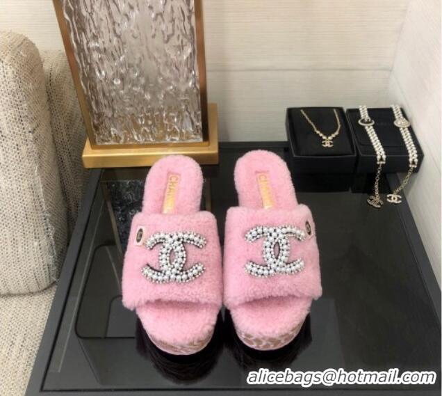 Durable Chanel Shearling Platform Slide Sandals with Pearls CC Light Pink 826001