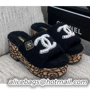 Top Quality Chanel Shearling Platform Slide Sandals with Pearls CC Black 826002