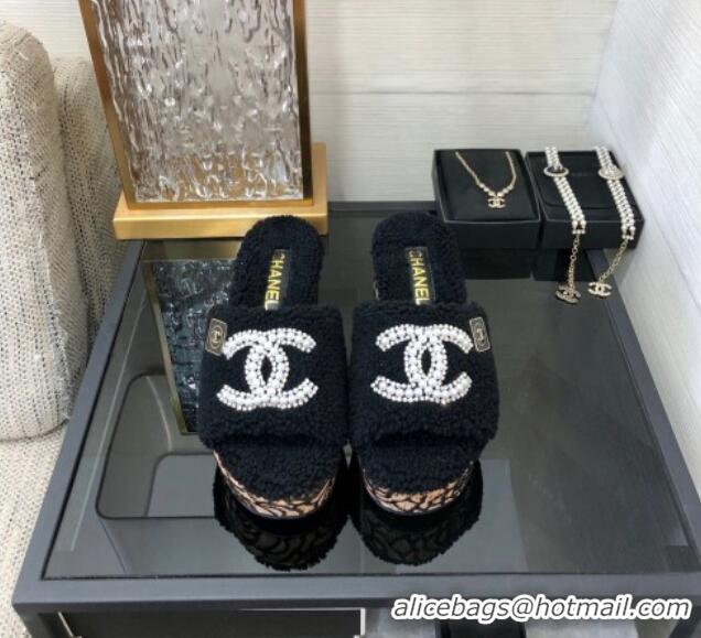 Top Quality Chanel Shearling Platform Slide Sandals with Pearls CC Black 826002