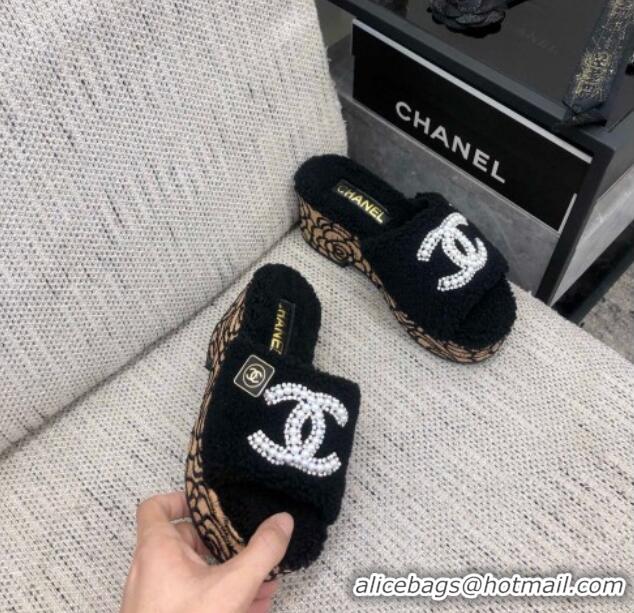 Top Quality Chanel Shearling Platform Slide Sandals with Pearls CC Black 826002