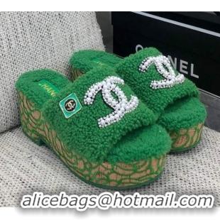 Big Discount Chanel Shearling Platform Slide Sandals with Pearls CC Green 826003