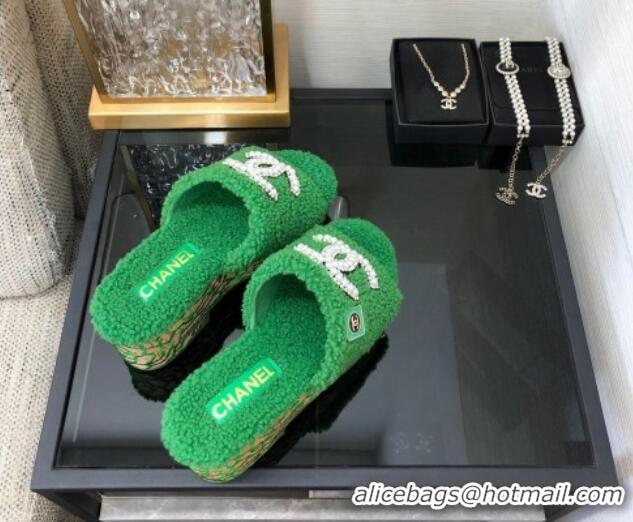 Big Discount Chanel Shearling Platform Slide Sandals with Pearls CC Green 826003