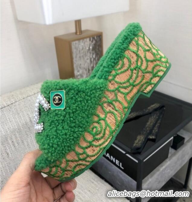 Big Discount Chanel Shearling Platform Slide Sandals with Pearls CC Green 826003