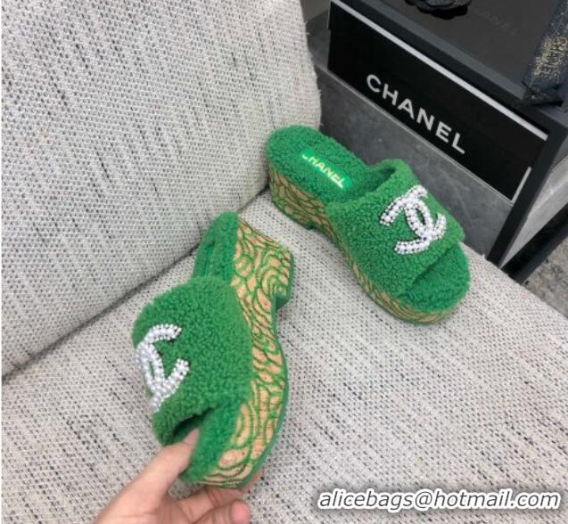 Big Discount Chanel Shearling Platform Slide Sandals with Pearls CC Green 826003