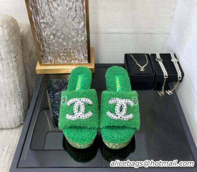 Big Discount Chanel Shearling Platform Slide Sandals with Pearls CC Green 826003