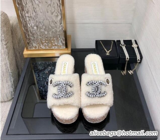 Best Price Chanel Shearling Platform Slide Sandals with Pearls CC White 826004