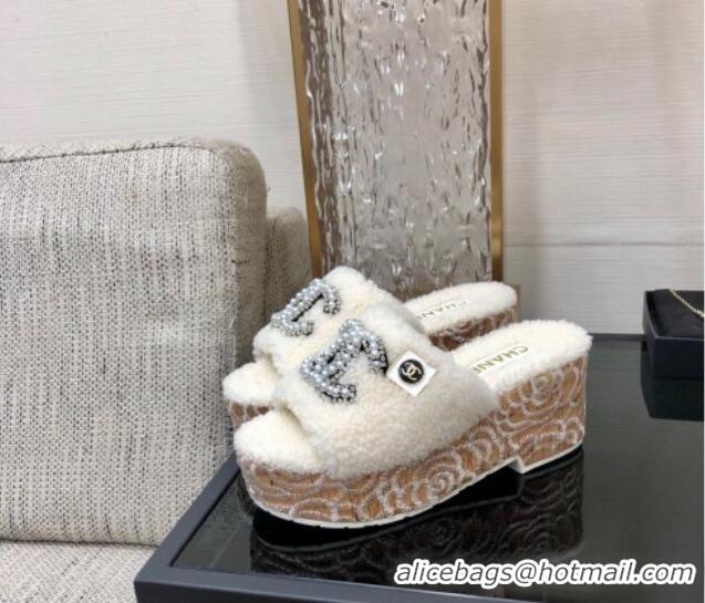 Best Price Chanel Shearling Platform Slide Sandals with Pearls CC White 826004