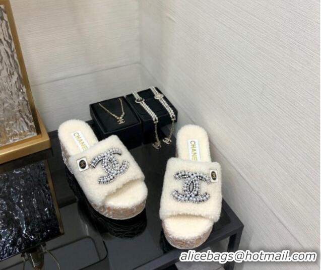 Best Price Chanel Shearling Platform Slide Sandals with Pearls CC White 826004