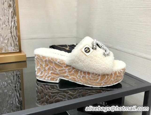 Best Price Chanel Shearling Platform Slide Sandals with Pearls CC White 826004