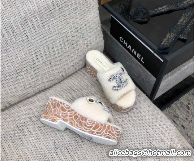 Best Price Chanel Shearling Platform Slide Sandals with Pearls CC White 826004