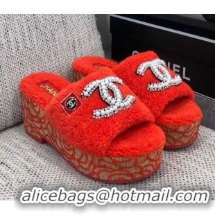 Popular Style Chanel Shearling Platform Slide Sandals with Pearls CC Orange 0826005