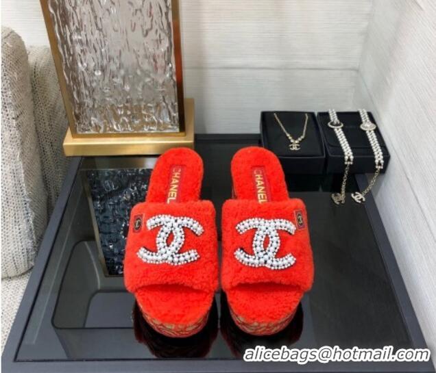 Popular Style Chanel Shearling Platform Slide Sandals with Pearls CC Orange 0826005