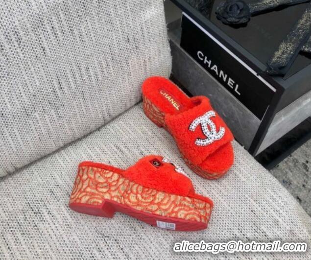 Popular Style Chanel Shearling Platform Slide Sandals with Pearls CC Orange 0826005