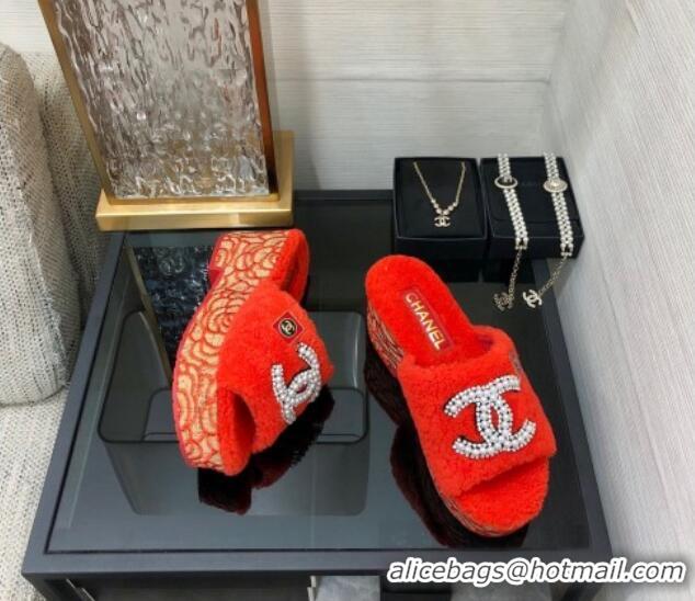 Popular Style Chanel Shearling Platform Slide Sandals with Pearls CC Orange 0826005