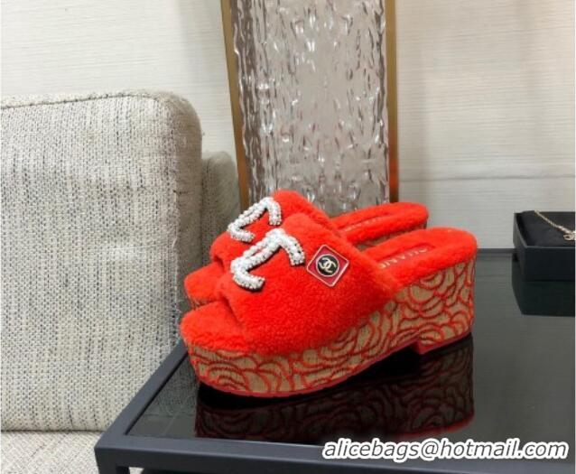 Popular Style Chanel Shearling Platform Slide Sandals with Pearls CC Orange 0826005