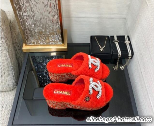 Popular Style Chanel Shearling Platform Slide Sandals with Pearls CC Orange 0826005