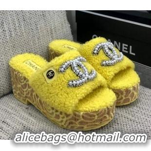 Lower Price Chanel Shearling Platform Slide Sandals with Pearls CC Yellow 826006