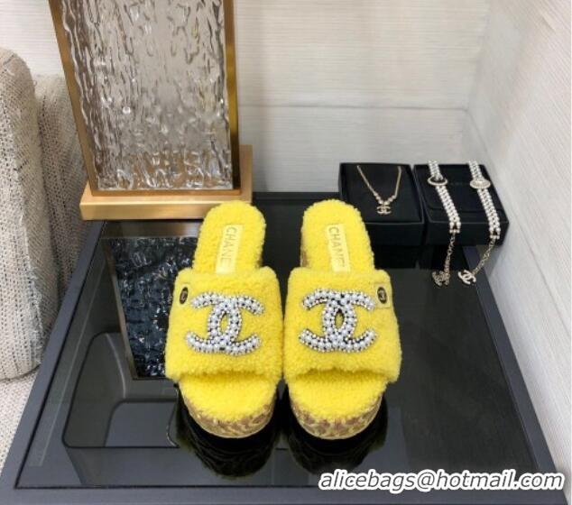 Lower Price Chanel Shearling Platform Slide Sandals with Pearls CC Yellow 826006