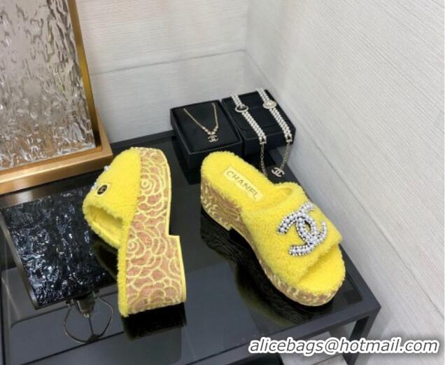 Lower Price Chanel Shearling Platform Slide Sandals with Pearls CC Yellow 826006