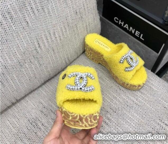 Lower Price Chanel Shearling Platform Slide Sandals with Pearls CC Yellow 826006