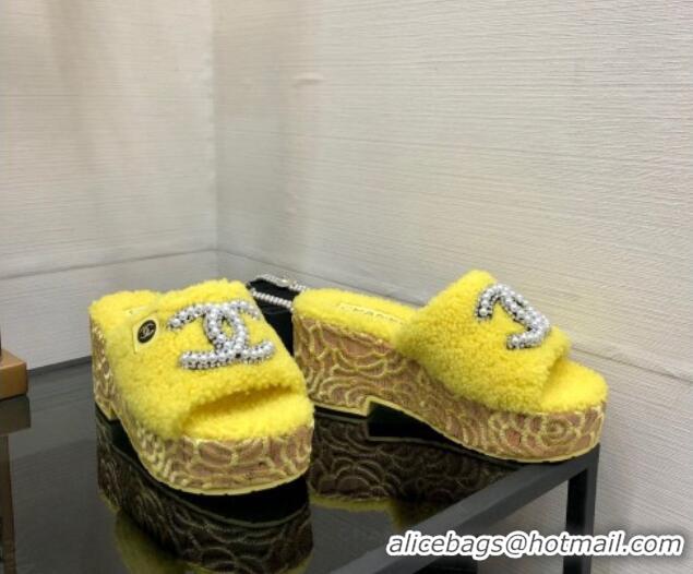 Lower Price Chanel Shearling Platform Slide Sandals with Pearls CC Yellow 826006