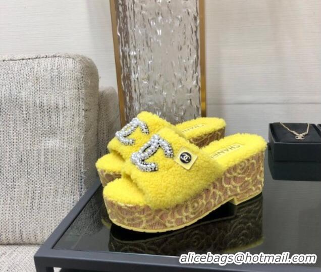 Lower Price Chanel Shearling Platform Slide Sandals with Pearls CC Yellow 826006