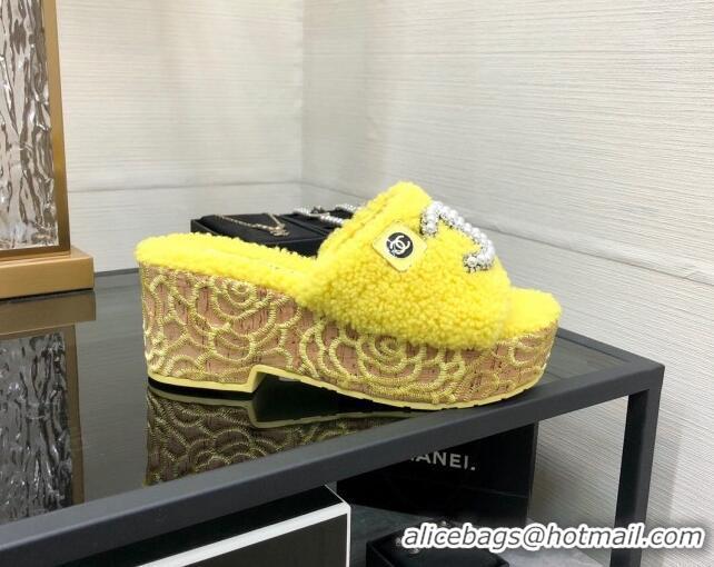 Lower Price Chanel Shearling Platform Slide Sandals with Pearls CC Yellow 826006