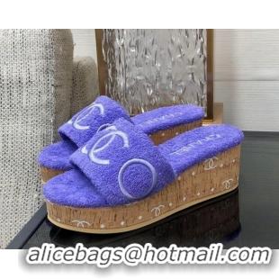 New Style Chanel CC Towel Cloth Platform Slide Sandals Purple 826007