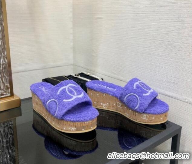 New Style Chanel CC Towel Cloth Platform Slide Sandals Purple 826007