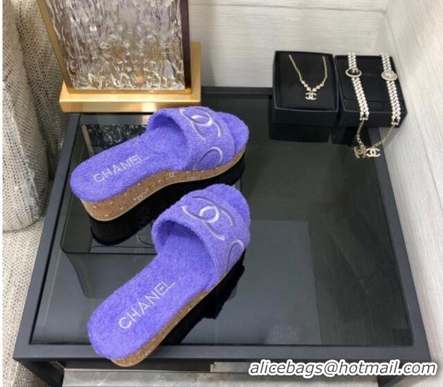 New Style Chanel CC Towel Cloth Platform Slide Sandals Purple 826007