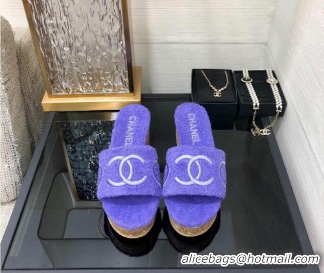 New Style Chanel CC Towel Cloth Platform Slide Sandals Purple 826007