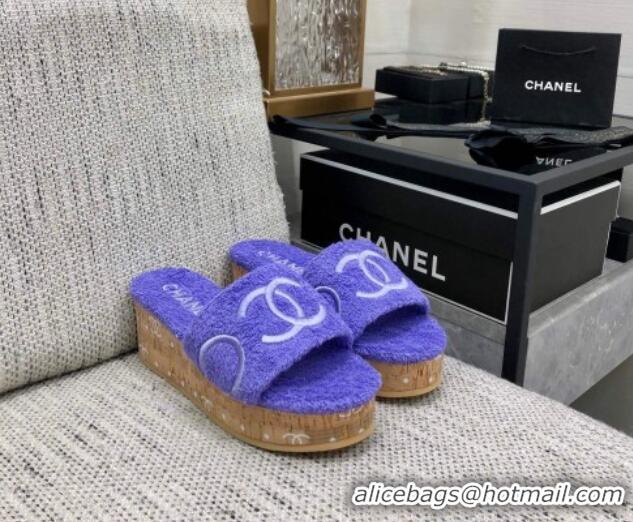 New Style Chanel CC Towel Cloth Platform Slide Sandals Purple 826007