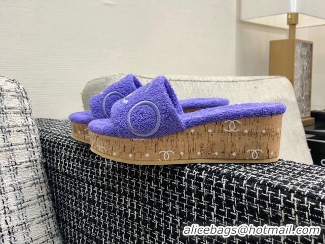 New Style Chanel CC Towel Cloth Platform Slide Sandals Purple 826007