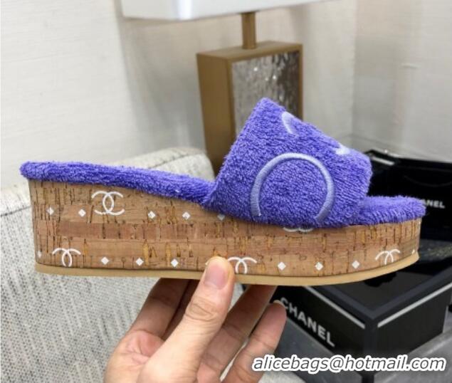 New Style Chanel CC Towel Cloth Platform Slide Sandals Purple 826007