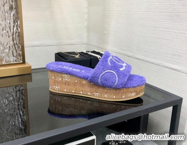 New Style Chanel CC Towel Cloth Platform Slide Sandals Purple 826007