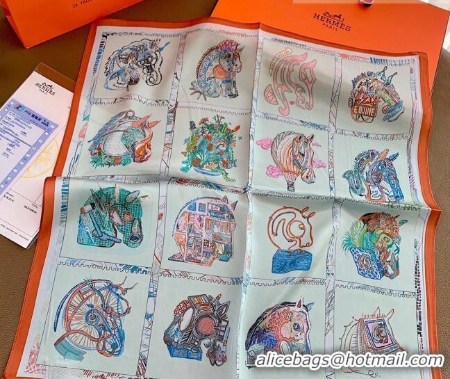 Spot Bulk Hermes Chevaloscope Silk Sqaure Scarf 50x50cm H8063 Light Blue 2023