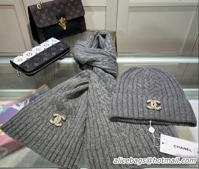 Market Sells Chanel Knit Hat and Scarf Set CH101807 Dark Grey 2023