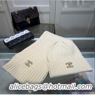 Stylish Specials Chanel Knit Hat and Scarf Set CH101807 Cream White 2023