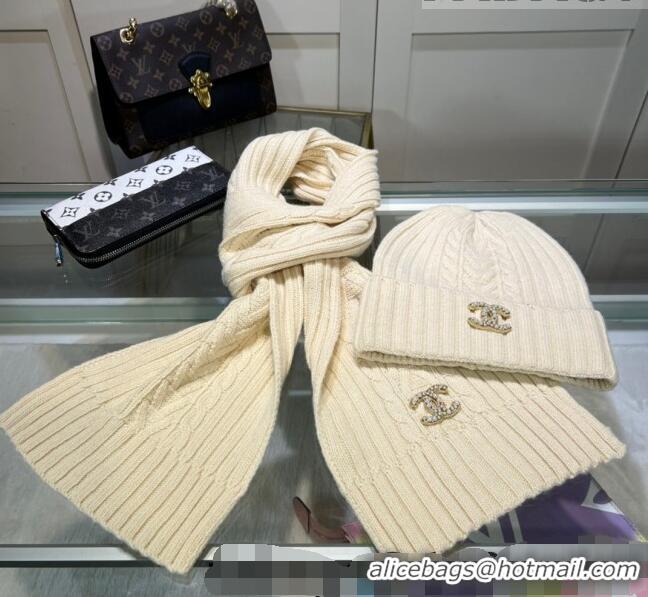 Stylish Specials Chanel Knit Hat and Scarf Set CH101807 Cream White 2023