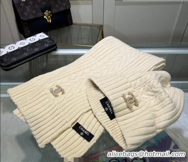 Stylish Specials Chanel Knit Hat and Scarf Set CH101807 Cream White 2023